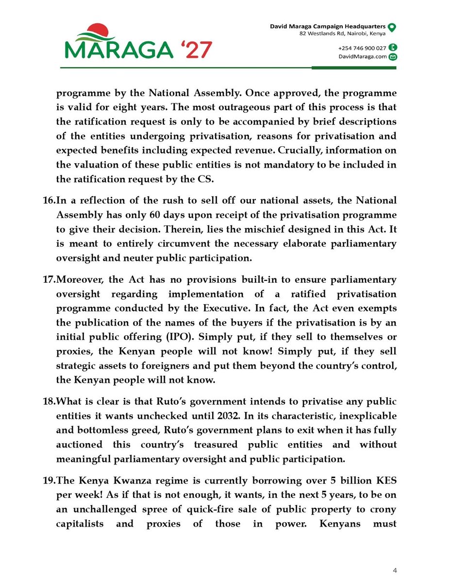 The full press statement on the Ruto’s signature of 8 laws that seek to violate our freedoms, rob Kenyans of our strategic assets and undermine our sovereignty. 

I reiterate that Ruto has lost the legitimacy to govern.
