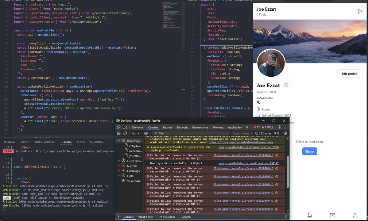 YOUSSEF12242326's tweet image. 🚀 Finished my biggest project yet!
I’ve been working on this app for a while — built with React Native + Expo + Clerk Auth.
Took me some long nights and a few syntax errors (as you can see 😅), but it’s finally working!
#FullStackDevelopment #buildinpublic #100DaysOfCode