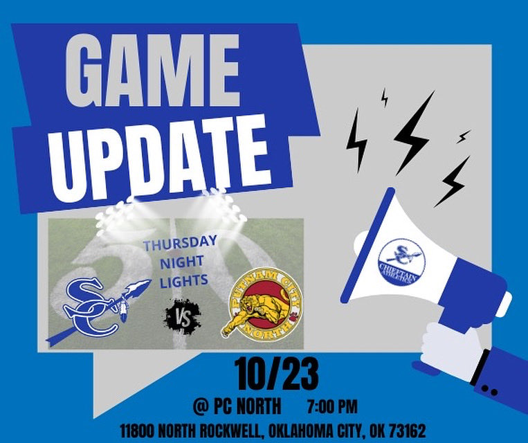 🚨UPDATE🚨

📣 10/23/25

CHIEFTAIN NATION‼️

VARSITY 🏈 GAME will be played on Thursday 10/23‼️

⏰ 7:00 pm

📍OKLAHOMA CITY

SHOW UP &amp; GET LOUD 🔵⚪️

#chieftainstrong #onamission