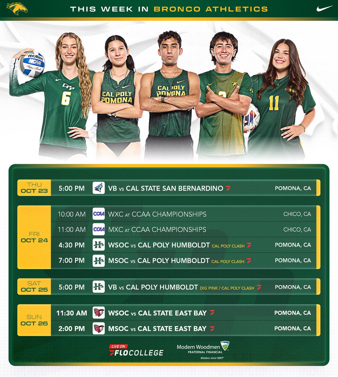 cppbroncos's tweet image. It’s a BUSY week in Bronco athletics 🐎
@cppxc_tf heads to Chico, CA for the CCAA Championships!
@cppwsoccer and @cppmsoccer host Cal Poly Humboldt for the Cal Poly Clash.
@cppvolleyball has their Cal Poly Clash and Dig Pink match.
#WeAreCPP