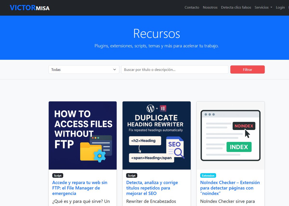 victormisavigo's tweet image. ¡Lanzamos una nueva sección en victormisa.com/recursos/ !
A partir de hoy iré compartiendo herramientas creadas para SEO, desarrollo y gestión web, listas para usar 👇
🔹 File Manager de emergencia — accede y repara tu web sin FTP.
🔹 Rewriter de encabezados duplicados — detecta…