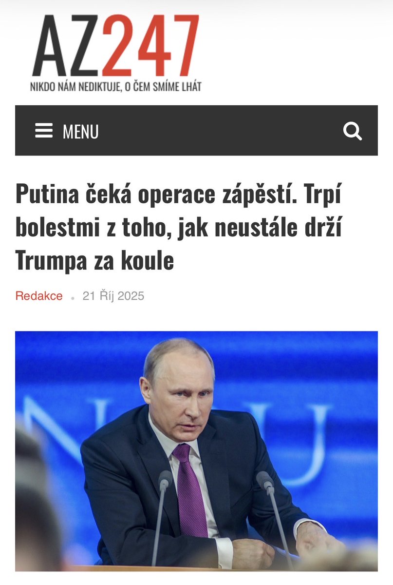 Kreml oznámil, že prezidenta Vladimira Putina čeká operace zápěstí. Podle mluvčího má ruku přetíženou z dlouhodobého držení amerického prezidenta Donalda Trumpa za koule. az247.cz/putina-ceka-op…