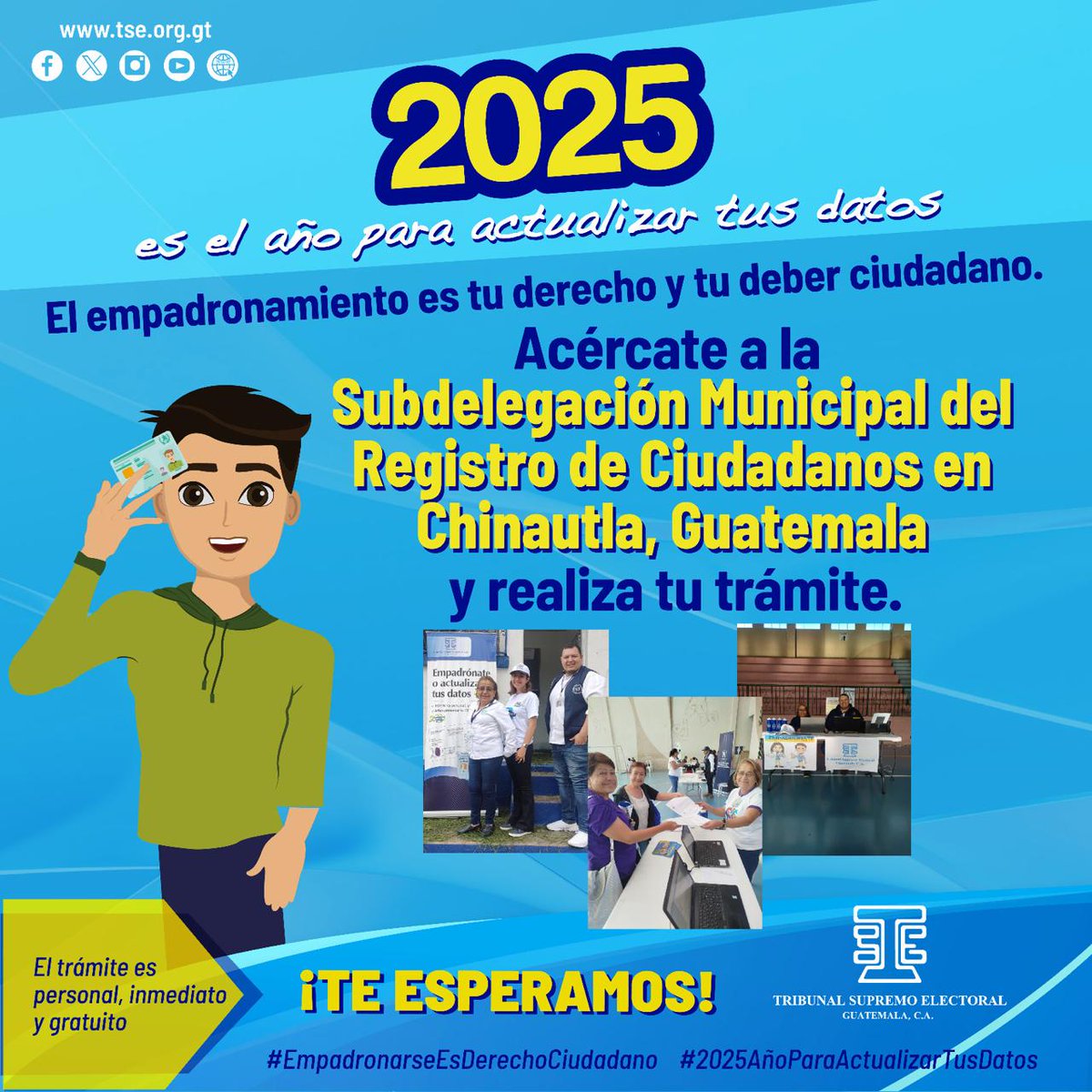 Las Delegaciones Departamentales y Subdelegaciones Municipales del Registro de Ciudadanos del #TSEGuatemala te esperan para que realices tu empadronamiento, actualización de datos o cambio de residencia electoral.
Con tu participación, fortalecemos la democracia en Guatemala.