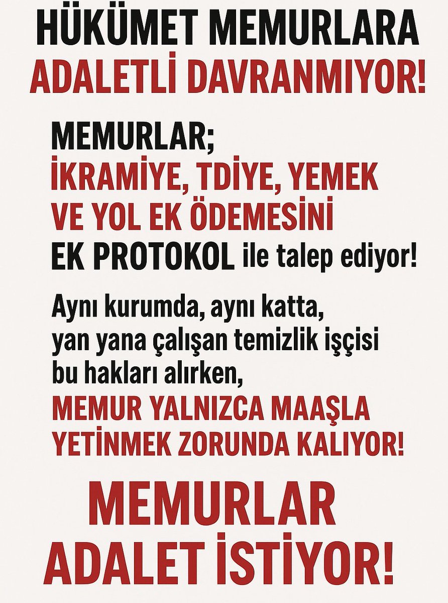 Bu çağrımız siyasi değil, insani!
Memur emeğinin karşılığını istiyor.
İkramiye, tediye, sosyal yardımlar bir lütuf değil, alın terinin hakkıdır!
#MemuraİkramiyeTediyeŞart