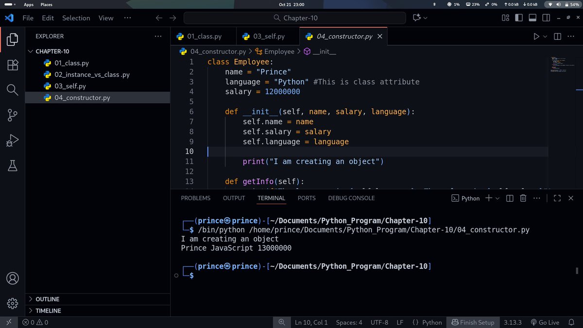 PrinceKush31873's tweet image. Clean look at Python's __init__ method in action. This is where we bridge class attributes (the defaults) with instance attributes (the specifics).
Chapter 10 progress: 04_constructor.py is done. 💪
#PythonCode #OOP #ProgrammingTips