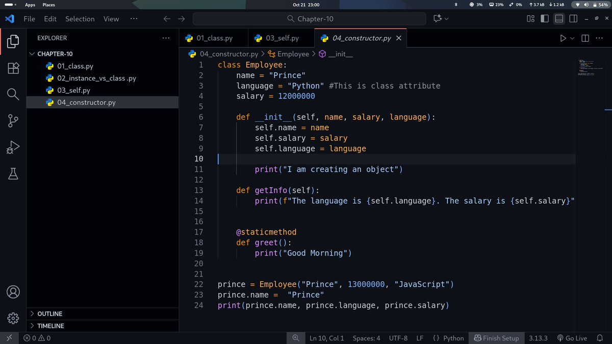 PrinceKush31873's tweet image. Clean look at Python's __init__ method in action. This is where we bridge class attributes (the defaults) with instance attributes (the specifics).
Chapter 10 progress: 04_constructor.py is done. 💪
#PythonCode #OOP #ProgrammingTips