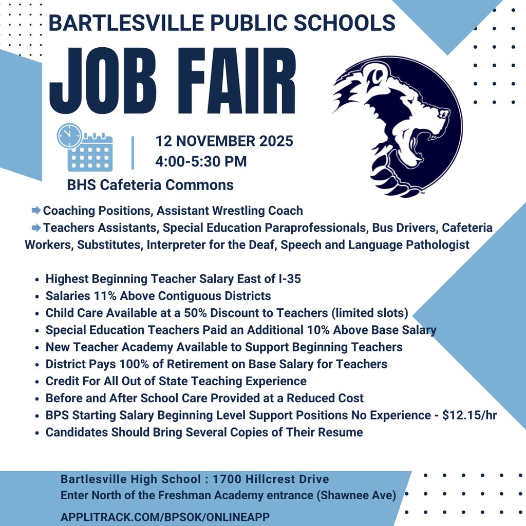Join the Bruin team! BPS Job Fair - Nov 12, 4-5:30 PM @ BHS Commons
applitrack.com/bpsok/onlineap…