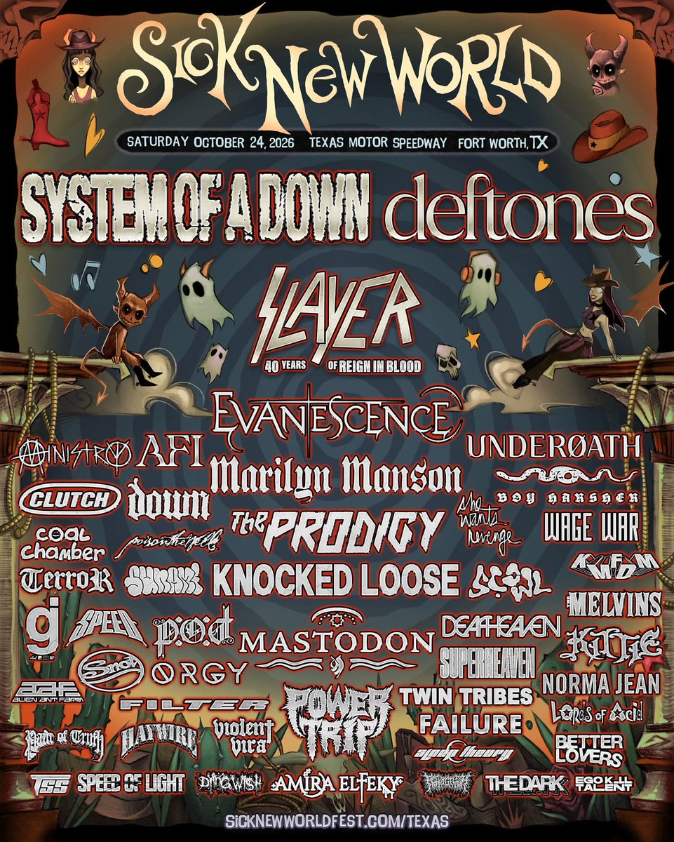 Sick New World anunció el cartel de sus ediciones en Las Vegas y Texas para 2026 con Ministry, System Of A Down, Deftones, The Prodigy, Korn, Slayer, HEALTH, Twin Tribes, Scowl, Danny Elfman, Orgy, Marilyn Manson y Bring Me The Horizon. 👁