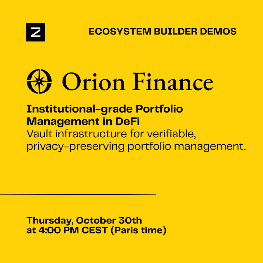 🚀 <a href="/OrionFinanceAI/">Orion Finance</a> 'nin yer aldığı bir sonraki <a href="/zama_fhe/">Zama</a>  Ekosistem Oluşturucu Demosu'na katılabilirsiniz.

Blockchain tabanlı yatırım stratejileriyle desteklenen doğrulanabilir, gizli ve verimli akıllı sözleşmeler aracılığıyla varlık yönetimini nasıl yeniden şekillendirdiklerini