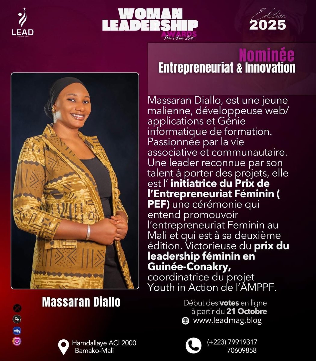 Bonsoir cher reseau, je tenais à faire un post pour parler de cette reconnaissance qui me touche profondément, car c’est ma toute première au Mali.

Cette nomination n’est pas seulement la mienne, elle appartient à toutes ces femmes, à toutes ces jeunes filles et à tous ces