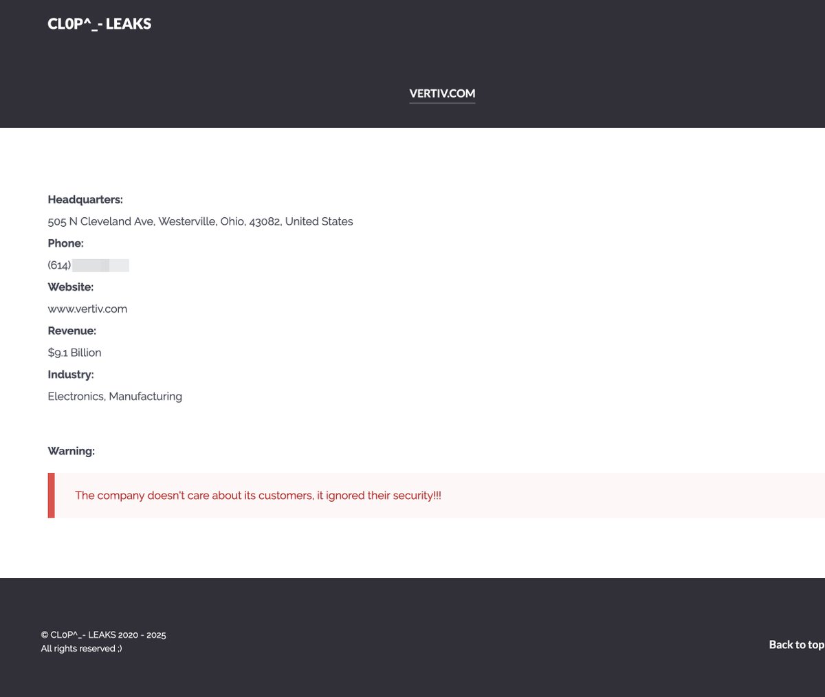 #Cl0p group has added #Vertiv (<a href="/Vertiv/">Vertiv</a>) to its list of potential victims. The company, headquartered in the #USA 🇺🇸 and specializing in digital infrastructure, has reportedly suffered a security breach linked to a zero-day vulnerability in the Oracle E-Business Suite software.