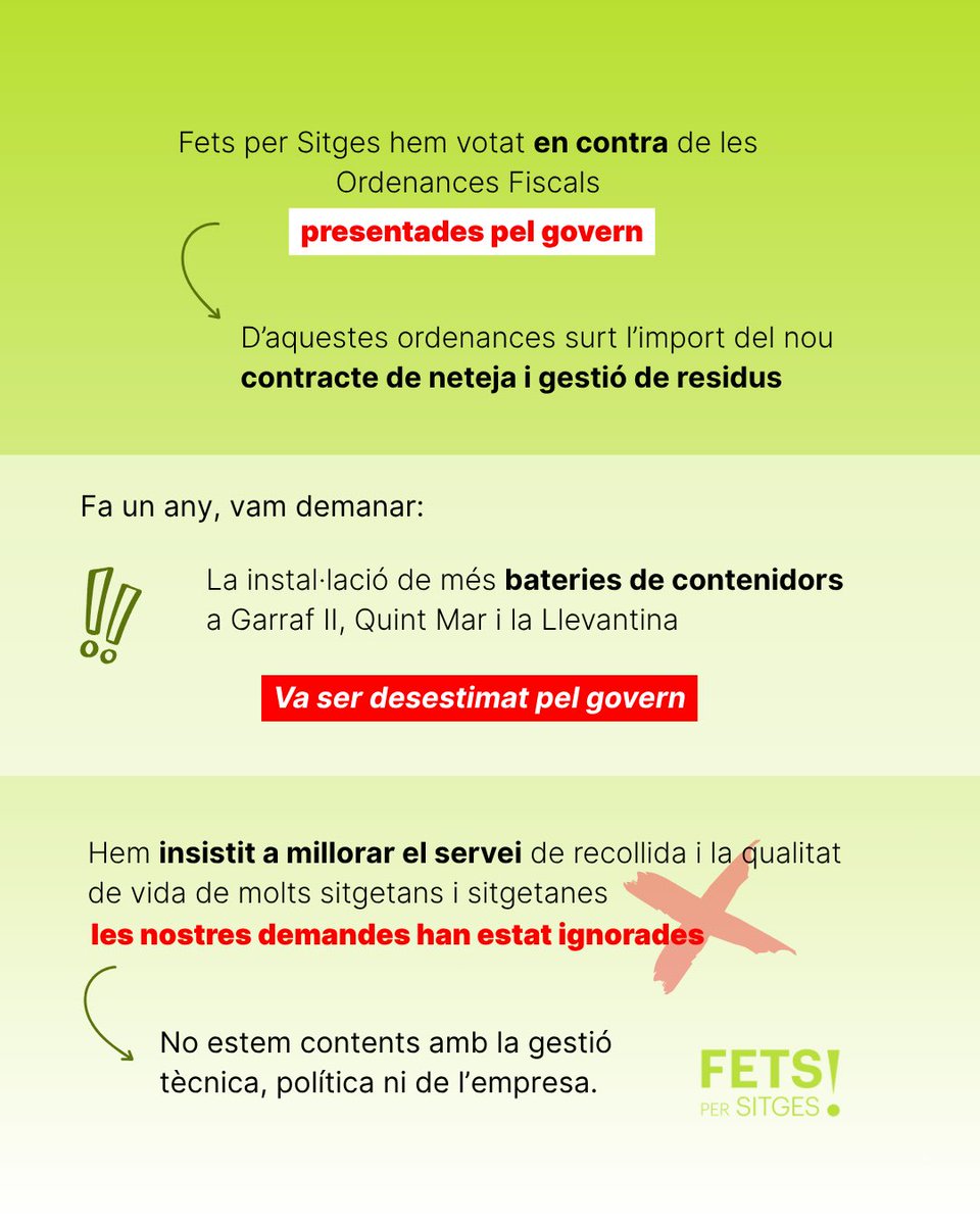 Votem en contra de les Ordenances Fiscals presentades pel govern.

D’aquestes ordenances surt l’import del nou contracte de neteja i gestió de residus, amb el qual hem estat sempre molt crítics, tant per la seva gestió tècnica, política i de l’empresa que se n’ha fet.

<a href="/AjSitges/">Ajuntament de Sitges</a>
