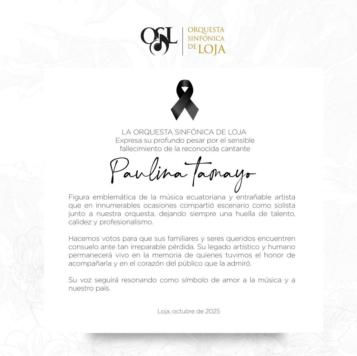 Vuela alto querida Paulina Tamayo.
Tu voz, tu arte y tu legado permanecerán siempre con nosotros.
Te recordaremos con gratitud y admiración. 🤍🕊🎵