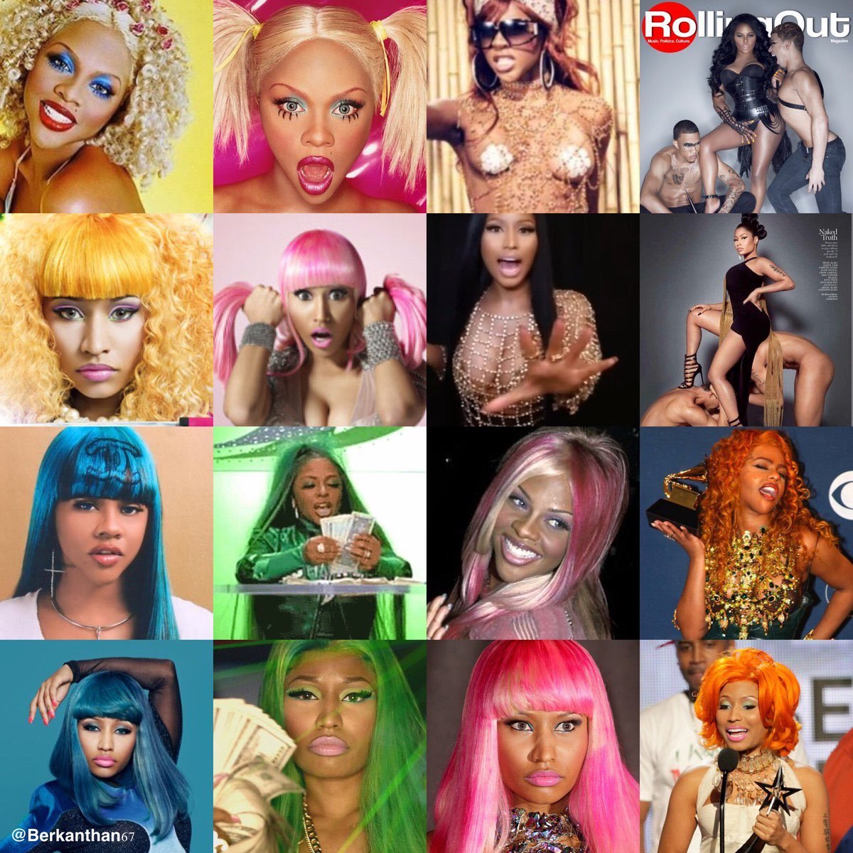 Fans on Twitter start posting pictures of Nicki Minaj copying Lil Kim's looks and fanning out on stage with her.