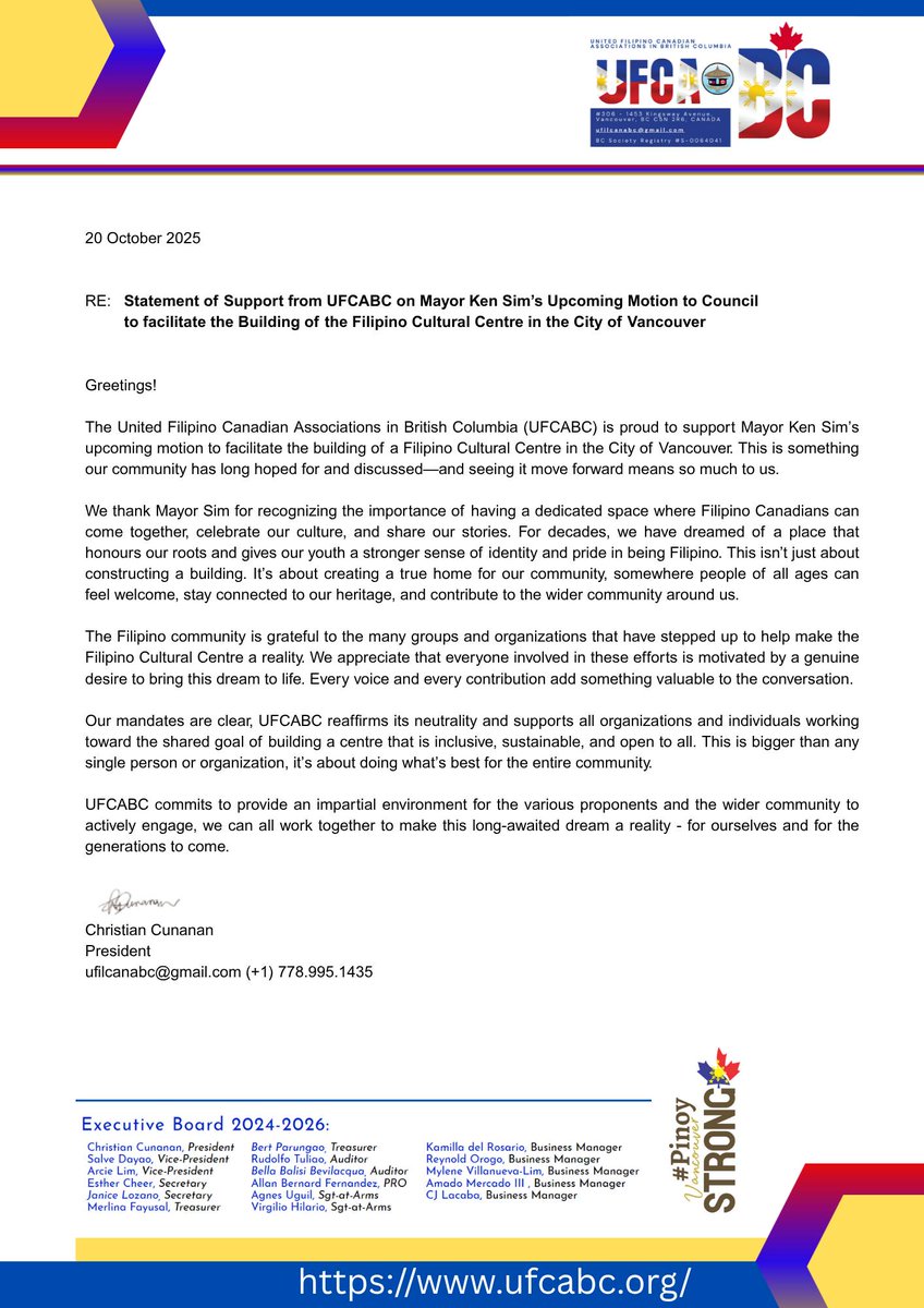 Representing the broadest alliance of community organizations across British Columbia, the United Filipino Canadian Associations in BC is supporting <a href="/KenSimCity/">Mayor Ken Sim</a> and his motion for a #Filipino Cultural Centre in #Vancouver. Let's build the Filipino Cultural Centre. It's time!
