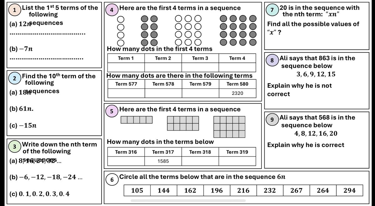 giftedHKO's tweet image. Made these for Y8 sequences. Looking to build up from term to term, multiples and nth term. 
mathshko.com/2018/09/24/lin….