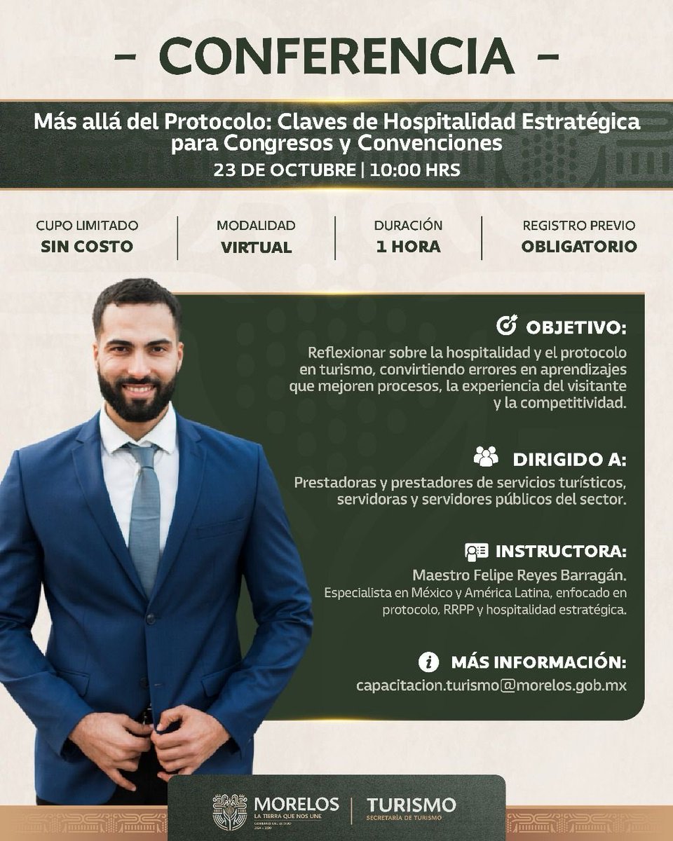 💻 ¡Últimos días para registrarte!

Este 23 de octubre participa en la conferencia virtual “Más allá del Protocolo” y aprende cómo fortalecer la hospitalidad y la competitividad del sector turístico. 🌿

#LaTierraQueNosUne
