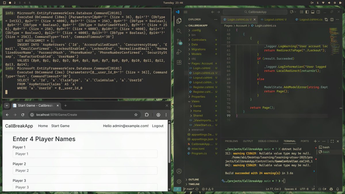 virtualabishek's tweet image. Today, #LearningUtsav2025 #FestivalOfLearning #LUD23.
Built a ASP.NET Core MVC app for Call Break scores on Linux/VS Code! 4 players, 5 rounds, bids/tricks scoring, MySQL DB persistence. Solved EF migration PATH error (local tools + mise), model build errors.