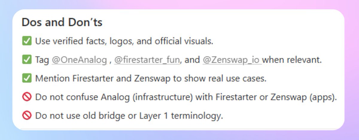 rodrigomcrypto's tweet image. .@OneAnalog Mindshare Campaign is live with wallchain. 

▫️Over $200k in $ANLOG on the table, the earlier you start the better. 

▫️Top 80 by mindshare win,  plus 10 random from ranks 81–300. 

▫️$50k per month for 4 months, full unlock, no cliff.

Content Guidelines 🫰

Dos and