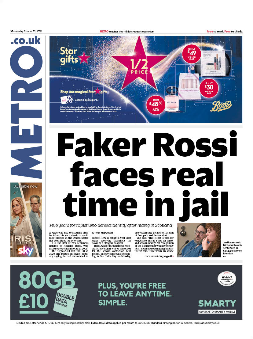MetroScotland's tweet image. Wednesday&apos;s front page                                        

Faker Rossi faces real time in jail                             

🔴Five years for rapist who denied identity after hiding in Scotland                   

#scotpapers #skypapers #bbcpapers