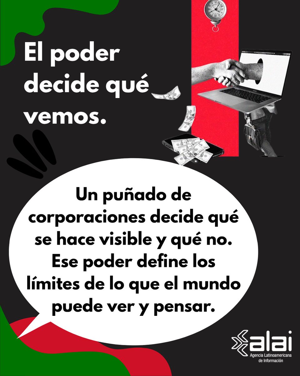 ALAI_XXI's tweet image. &quot;...un puñado de corporaciones tienen el poder de decidir qué se hace visible [...] Cuestión que [...] se mantiene como un desafío pendiente que apremia respuestas&quot;
📗Te invitamos a leer el artículo completo  👉alai.info/revista/numero…
#alai #mediosdecomunicacion #poder #palestina