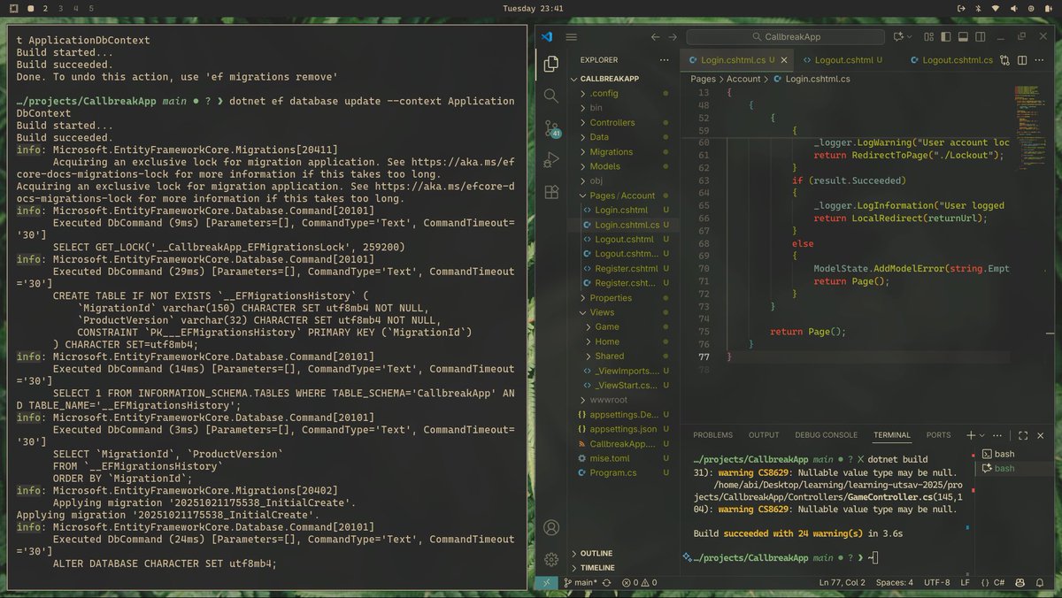 virtualabishek's tweet image. Today, #LearningUtsav2025 #FestivalOfLearning #LUD23.
Built a ASP.NET Core MVC app for Call Break scores on Linux/VS Code! 4 players, 5 rounds, bids/tricks scoring, MySQL DB persistence. Solved EF migration PATH error (local tools + mise), model build errors.