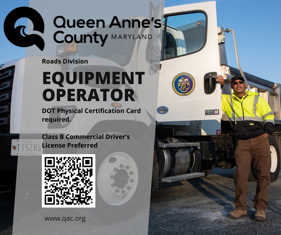 EQUIPMENT OPERATOR I - PUBLIC WORKS ROADS

Posting start &amp; end date10/21/2025 - 11/04/2025
Salary Range, $44,764.00-$86,206.00
FULL-TIME

To apply: queenannescountymd.tylerportico.com/tess/citizen/j…
Benefits: qac.org/213/Benefits