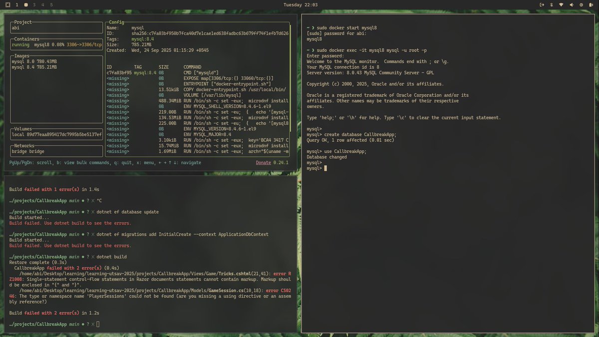 virtualabishek's tweet image. Today, #LearningUtsav2025 #FestivalOfLearning #LUD23.
Built a ASP.NET Core MVC app for Call Break scores on Linux/VS Code! 4 players, 5 rounds, bids/tricks scoring, MySQL DB persistence. Solved EF migration PATH error (local tools + mise), model build errors.