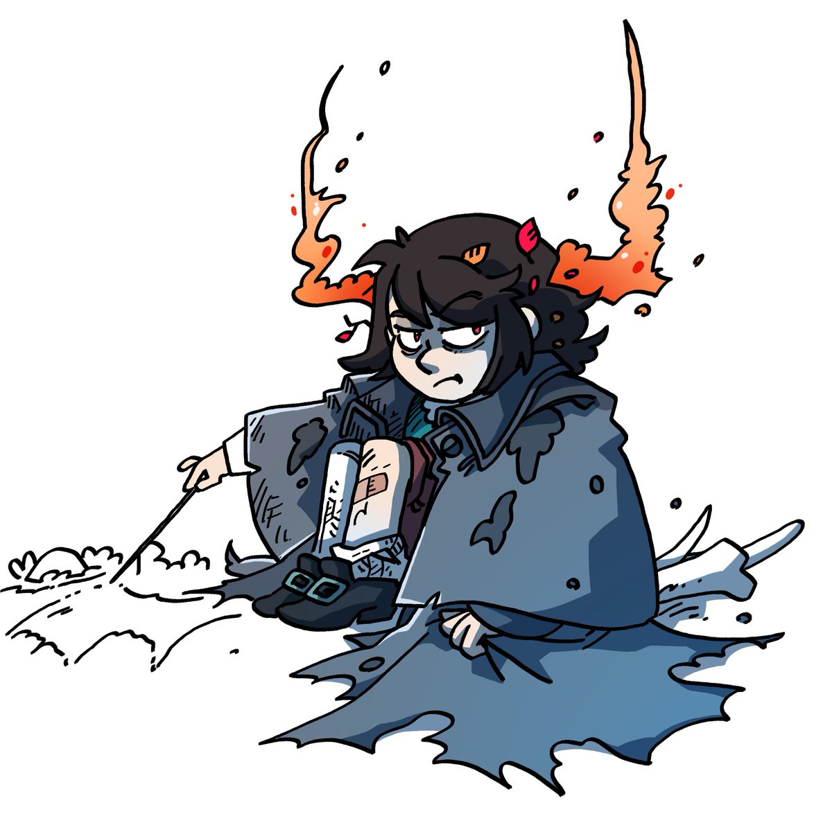 Abaddon in a coat that was recently underground.