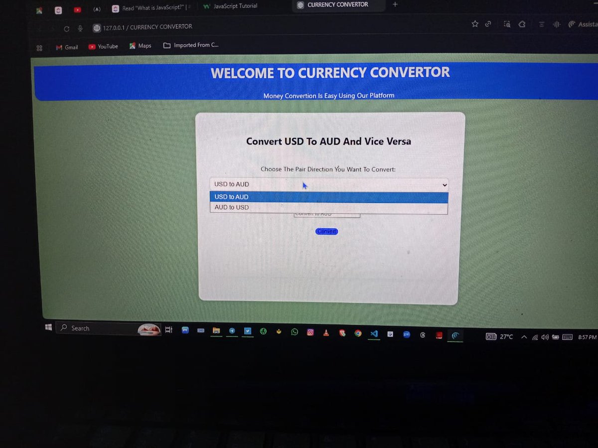 CodeWith_Erick's tweet image. Day One: My JavaScript Journey🚀
Today marks the start of my adventure into coding with JavaScript.
Here's what I've accomplished Today:
-Successfully built a Currency Converter!
-It converts USD to AUD and vice versa
-Displays the result instantly on the web page
#30DaysOFcode