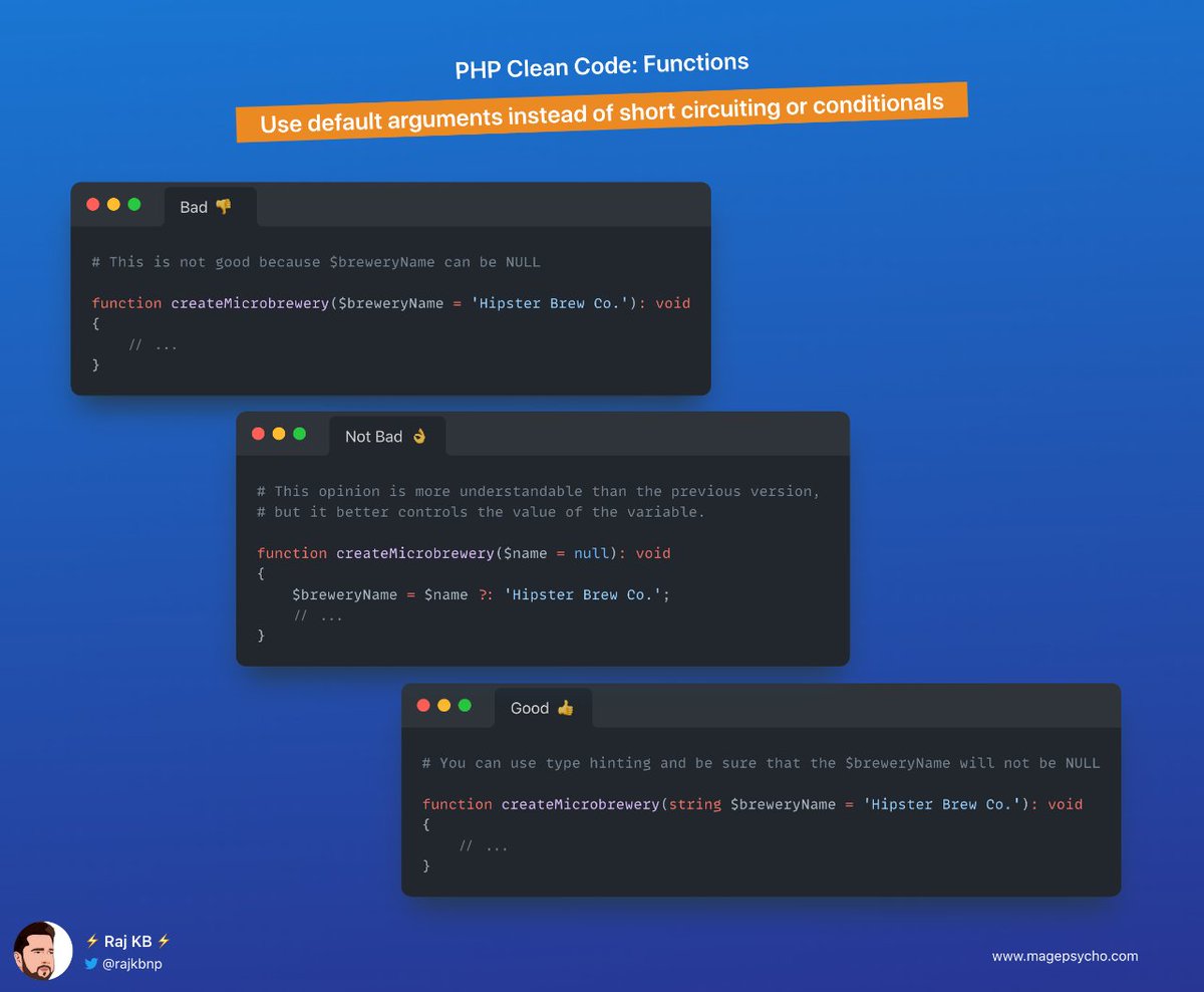 rajkbnp's tweet image. 1️⃣ Clean Code Series: Functions📒🧑💻
☑️ Use default arguments instead of short-circuiting or conditionals
"Code for humans not for machines"
🐘 #PHP #Laravel #Symfony