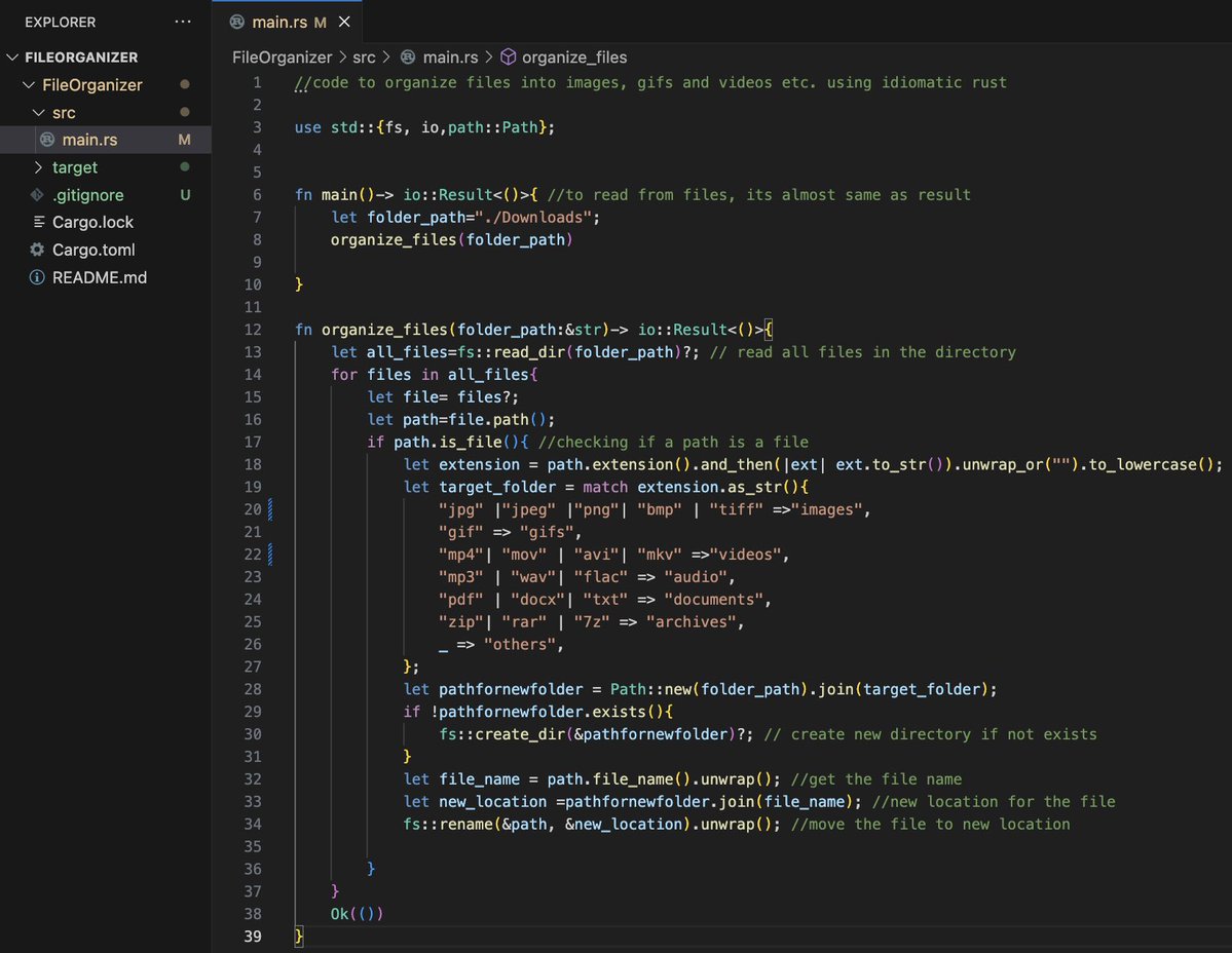 praptichilling's tweet image. Built a very simple file organizer in rust in 40 lines. 🦀
Automatically sorts messy folders by file type - images, videos, audio, docs, etc.