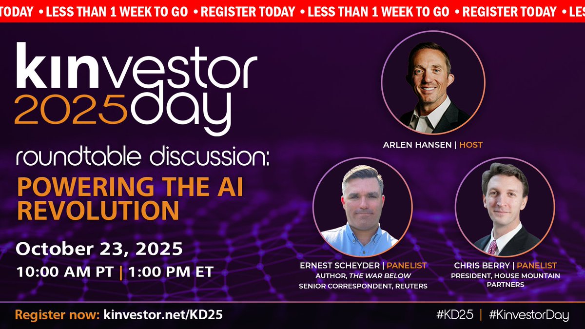 Have you registered for the #KD25 roundtable yet? I'm so looking forward to this conversation with <a href="/cberry1/">Chris Berry</a> and <a href="/ErnestScheyder/">Ernest Scheyder</a> looking at how #mining and #energy will shape the future of #AI

📅 October 23, 2025
🕗 10am PT/1pm ET 
Register: hubs.li/Q03PvJTv0

#KinvestorDay