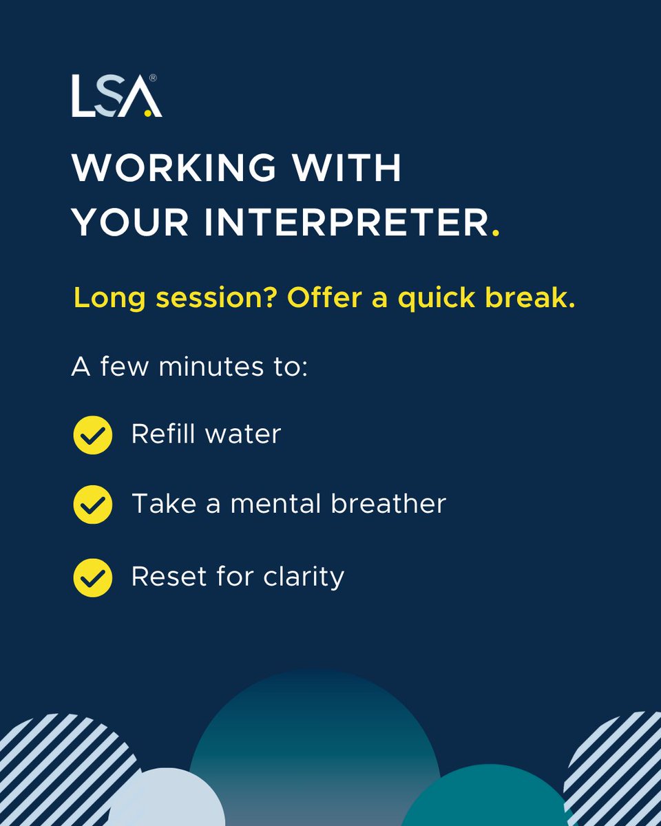 LSAWeb's tweet image. During extended or difficult sessions, offering a short break can make all the difference. 

At LSA, we make every interaction easier across languages. Contact our team to learn more about our services 🤝 okt.to/sVrRFn

#WorkingWithInterpreters #LSA #LanguageAccess