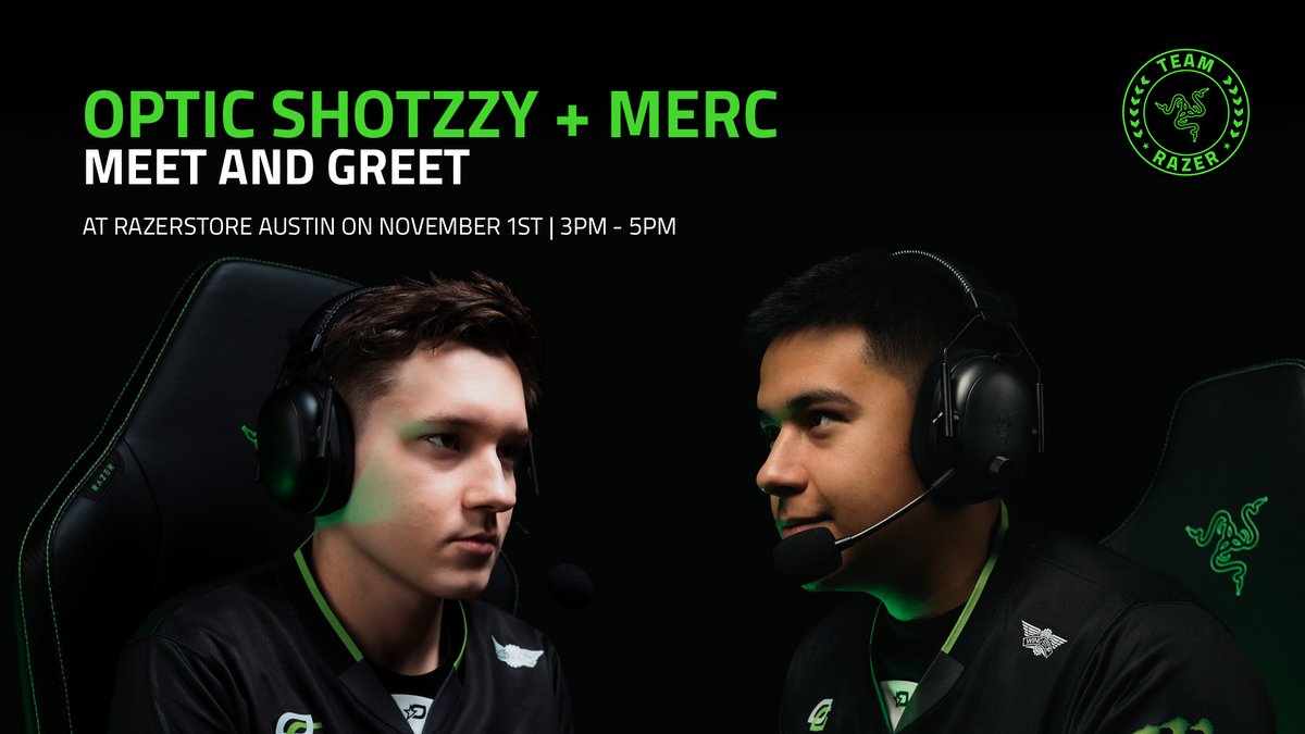 Razer's tweet image. The CDL World Champions, @Shotzzy and @Tbemercules, are taking over @RazerStore Austin on November 1st. 

Test your skills against them and score exclusive @OpTic Edition Faceplates with the purchase of a Razer BlackShark V3 Pro, while supplies last.  

📍 11401 Century Oaks…