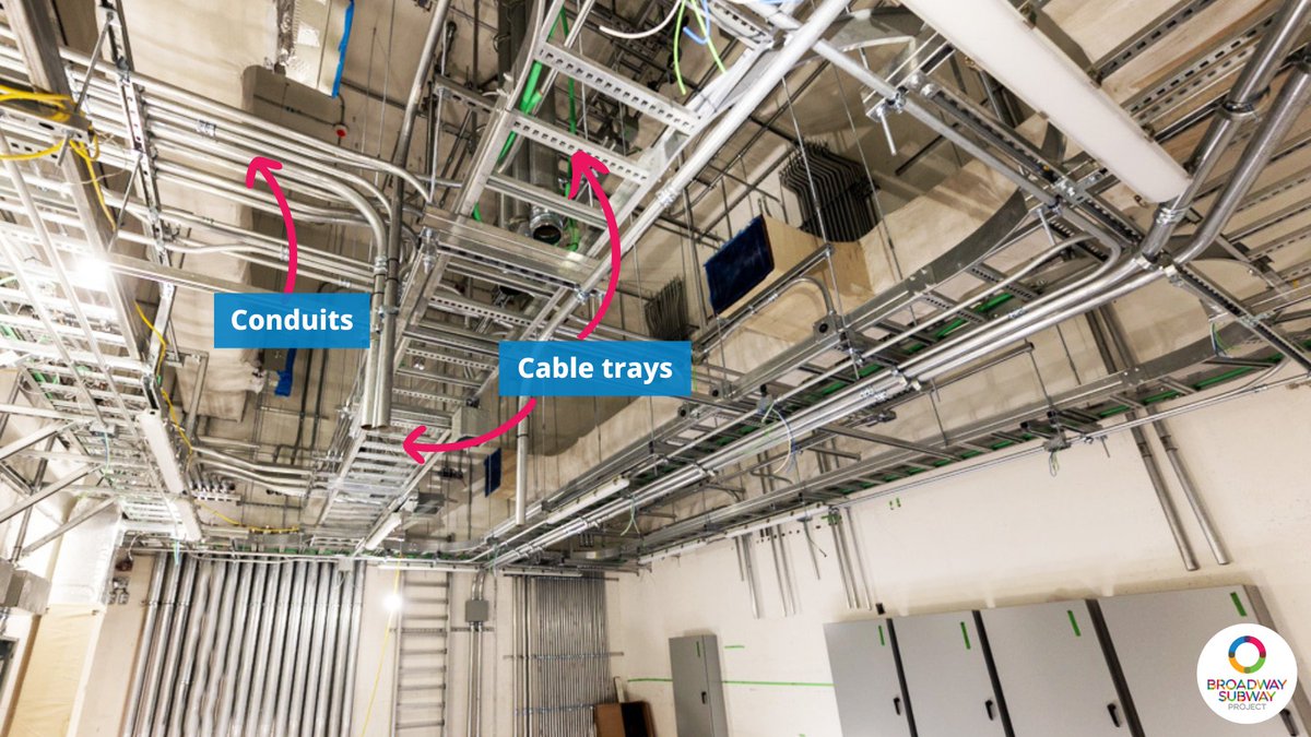 Electrical and mechanical equipment are currently being installed across the Broadway Subway Project. 

Here, crews are installing conduit and cable trays in one of the service rooms at GNW-Emily Carr Station. Wires will run along the metal trays to connect equipment together.