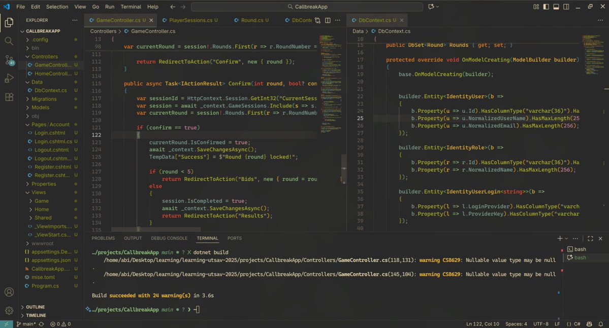 virtualabishek's tweet image. Today, #LearningUtsav2025 #FestivalOfLearning #LUD23.
Built a ASP.NET Core MVC app for Call Break scores on Linux/VS Code! 4 players, 5 rounds, bids/tricks scoring, MySQL DB persistence. Solved EF migration PATH error (local tools + mise), model build errors.