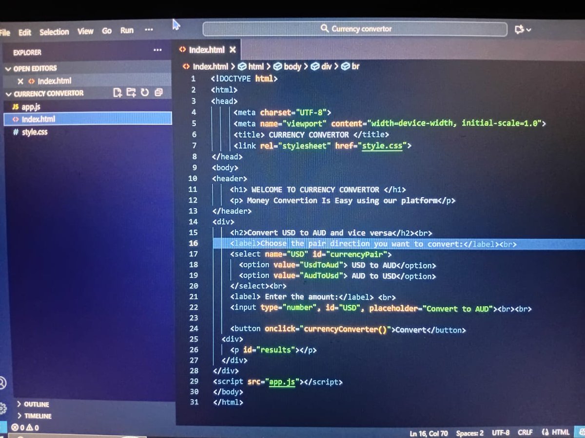 CodeWith_Erick's tweet image. Day One: My JavaScript Journey🚀
Today marks the start of my adventure into coding with JavaScript.
Here's what I've accomplished Today:
-Successfully built a Currency Converter!
-It converts USD to AUD and vice versa
-Displays the result instantly on the web page
#30DaysOFcode