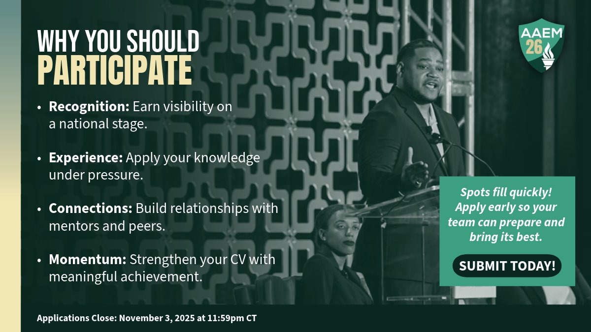 aaeminfo's tweet photo. Think youโve got what it takes? ๐ช Show your EM skills at #AAEM26 Competitions!
โฐ Deadline: Nov 3, 2025 โ 11:59pm CT
๐ https://t.co/FjVCm5kvvf
#AAEM #EmergencyMedicine #Residency #MedicalEducation #PhysicianLeadership https://t.co/qKKJPN9WOK
