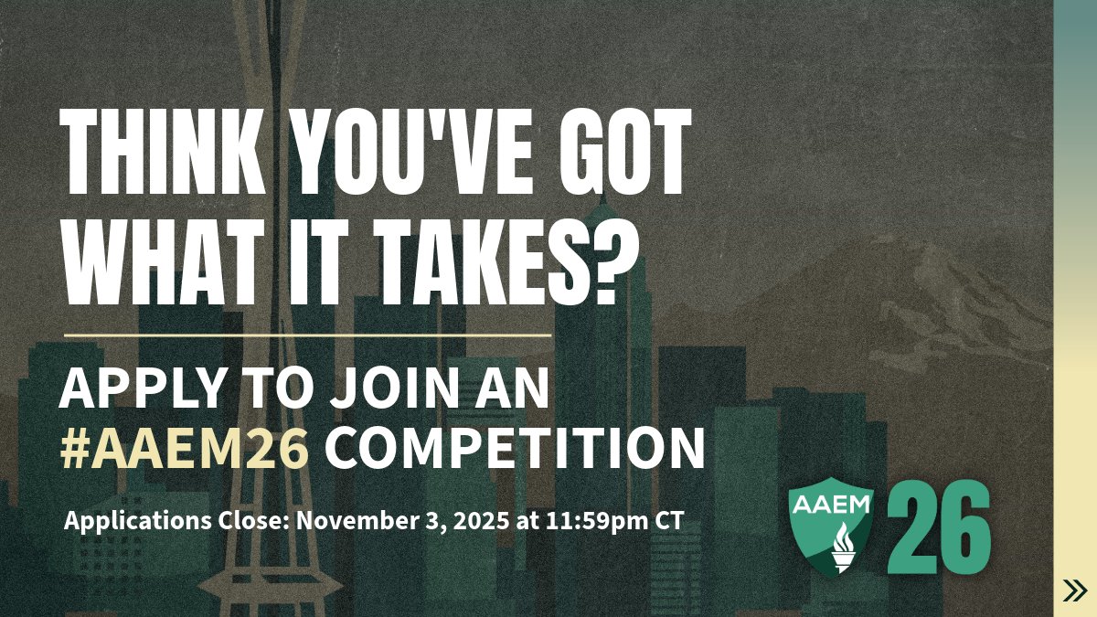 aaeminfo's tweet photo. Think youโve got what it takes? ๐ช Show your EM skills at #AAEM26 Competitions!
โฐ Deadline: Nov 3, 2025 โ 11:59pm CT
๐ https://t.co/FjVCm5kvvf
#AAEM #EmergencyMedicine #Residency #MedicalEducation #PhysicianLeadership https://t.co/qKKJPN9WOK