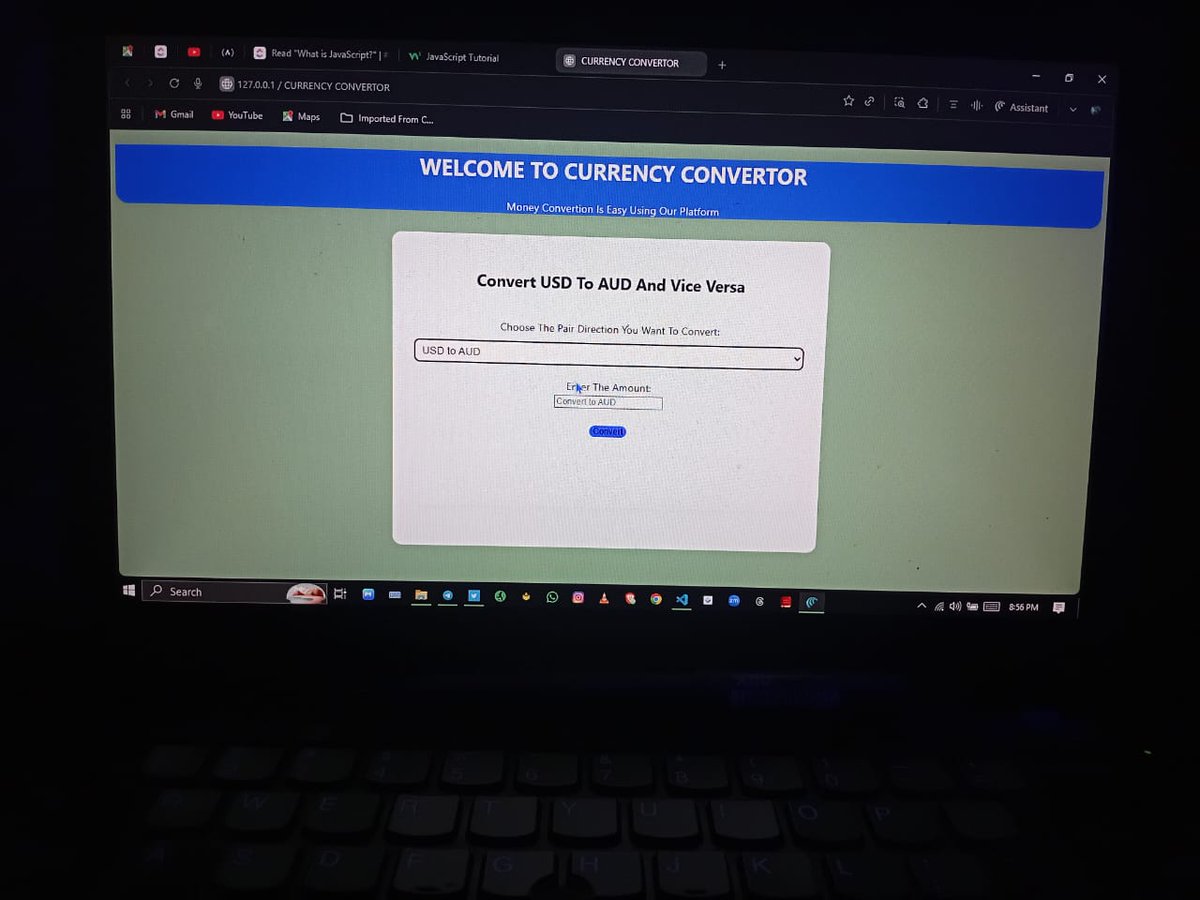 CodeWith_Erick's tweet image. Day One: My JavaScript Journey🚀
Today marks the start of my adventure into coding with JavaScript.
Here's what I've accomplished Today:
-Successfully built a Currency Converter!
-It converts USD to AUD and vice versa
-Displays the result instantly on the web page
#30DaysOFcode