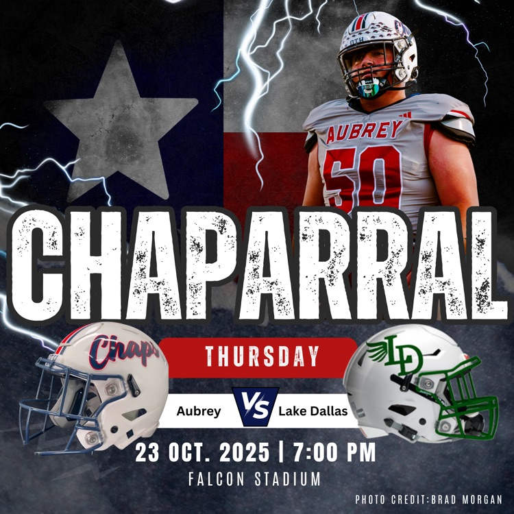 Due to possible bad weather Friday, Varsity football at Lake Dallas is Thursday, 7 p.m. Sub-varsity games at home are Wednesday. Tickets online only. Varsity $7/$5, Sub-varsity $5/$3. NFHS Network streaming. Clear bag policy enforced. No noisemakers/confetti.