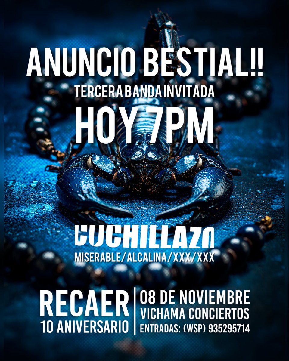 HOY 7pm: Anuncio Bestial!! Tercera banda invitada! Cuál será? Recaer, 10 años, concierto histórico de aniversario. Setlist extendido, caletas y bestialidades. Vichama conciertos, 8 de noviembre, entradas en cuchillazo.com!
#rock #peru #concierto #cuchillazo #recaer