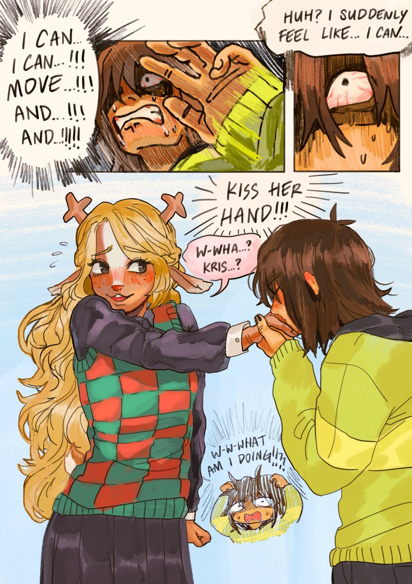 jaggedspine_'s tweet image. 1⃣ Target Reached: Hands!! (Read Right→Left)
Kris suddenly feels a surge of courage... enough to gather some guts to... kiss Noelle's hand...! But wait... there must be more to this, right...?