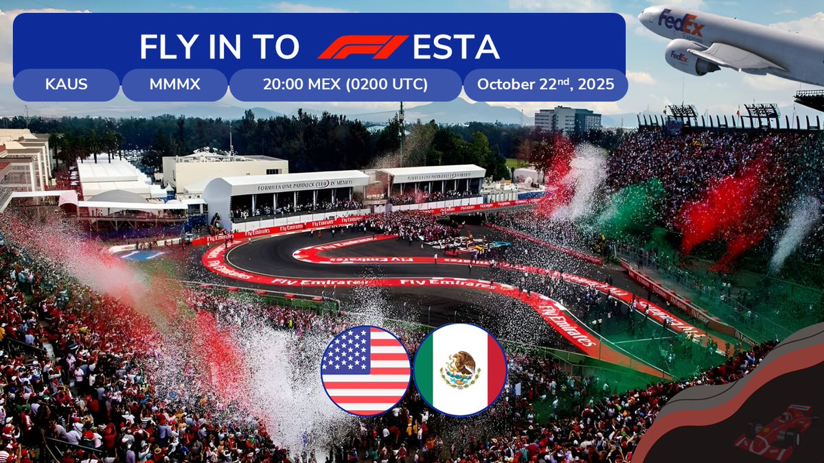 ¡Vuela la leg #24 de la F1 World Tour!

Participa volando de Austin [KAUS] - CDMX [MMMX] este miércoles a las 02:00z (20:00 hrs CMDX)

** Sólo categoría HEAVY**

Tu participación cuenta para las medallas de Pilot y ATC Events.

Consulta el tour en:
tours.th.ivao.aero/index.php?div=…

#ivao