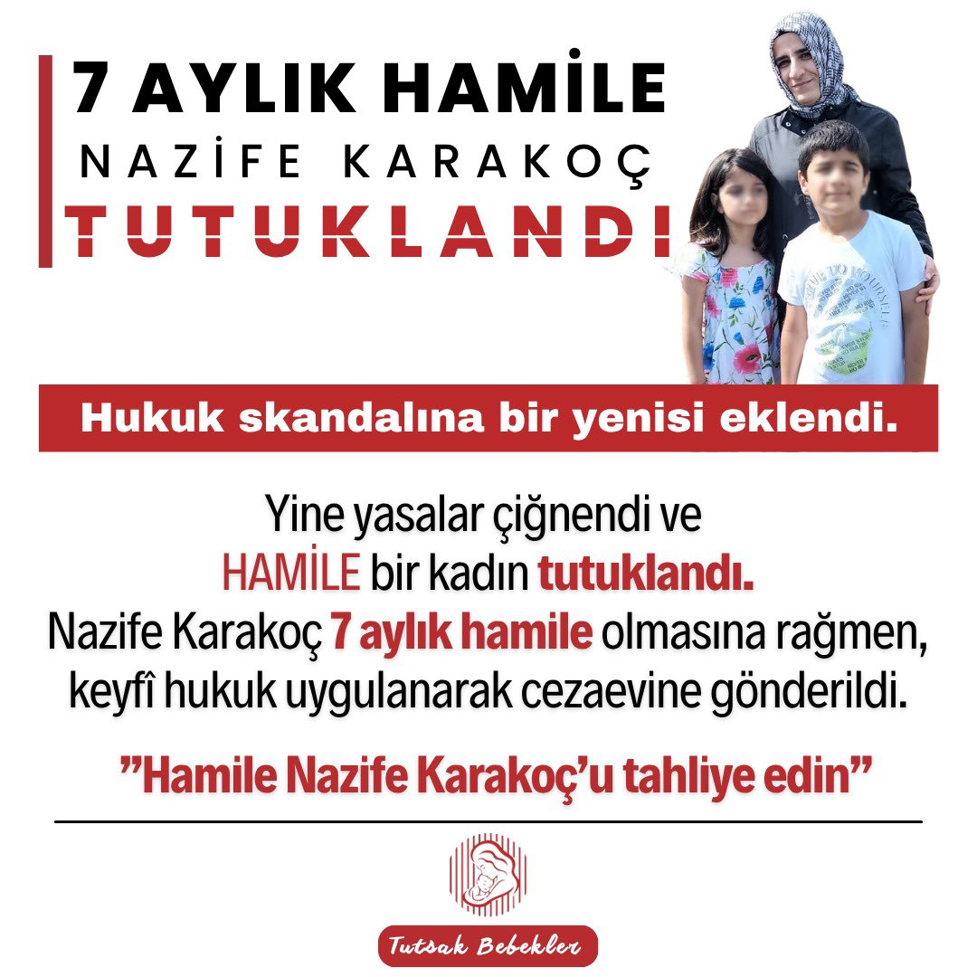 7 aylık hamile Nazife Karakoç Edirne L tipi Cezaevi'ne gönderildi. 6 ve 8 yaşında iki çocuğu olan 7 aylık hamile Nazife Karakoç'un doktoru tarafından verilmiş riskli hamilelik raporu bulunuyor.
Hamile Nazife Karakoç'u tahliye edin