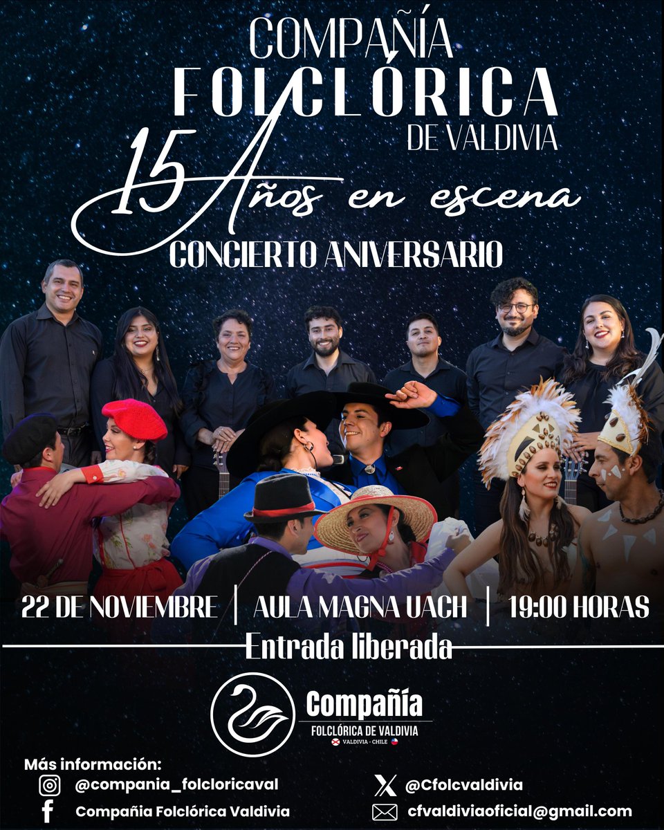 Atención #valdiviacl 

¿Quieres disfrutar de una velada de folclore?

🗓Sábado 22 de noviembre 
🕖19:00
📍Aula Magna de <a href="/UAustraldeChile/">Universidad Austral de Chile</a> 

Gala aniversario "15 años en escena" de la Compañía Folclórica de Valdivia!

Entrada liberada, te esperamos!
<a href="/munivaldivia/">MuniValdivia</a> <a href="/GOREdeLosRios/">Gobierno Regional de Los Ríos</a>