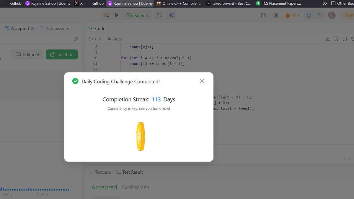 RojalineSa93267's tweet image. Day 30 of #100DaysOfCode Completed today’s LeetCode problem — making it 113 consecutive days of daily problem-solving!
#LeetCode #CodingJourney #Zigbee #100DaysOfCodeChallenge