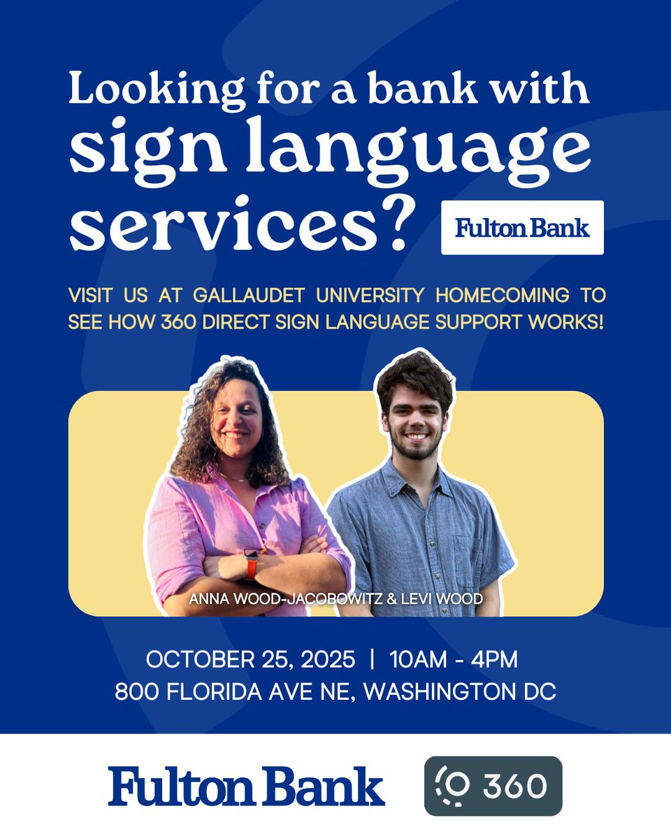 Looking for a bank that speaks your language? Visit @fultonbank at Gallaudet University Homecoming this Saturday, October 25 from 10 AM to 4 PM to experience 360 Direct Sign Language Support in action.