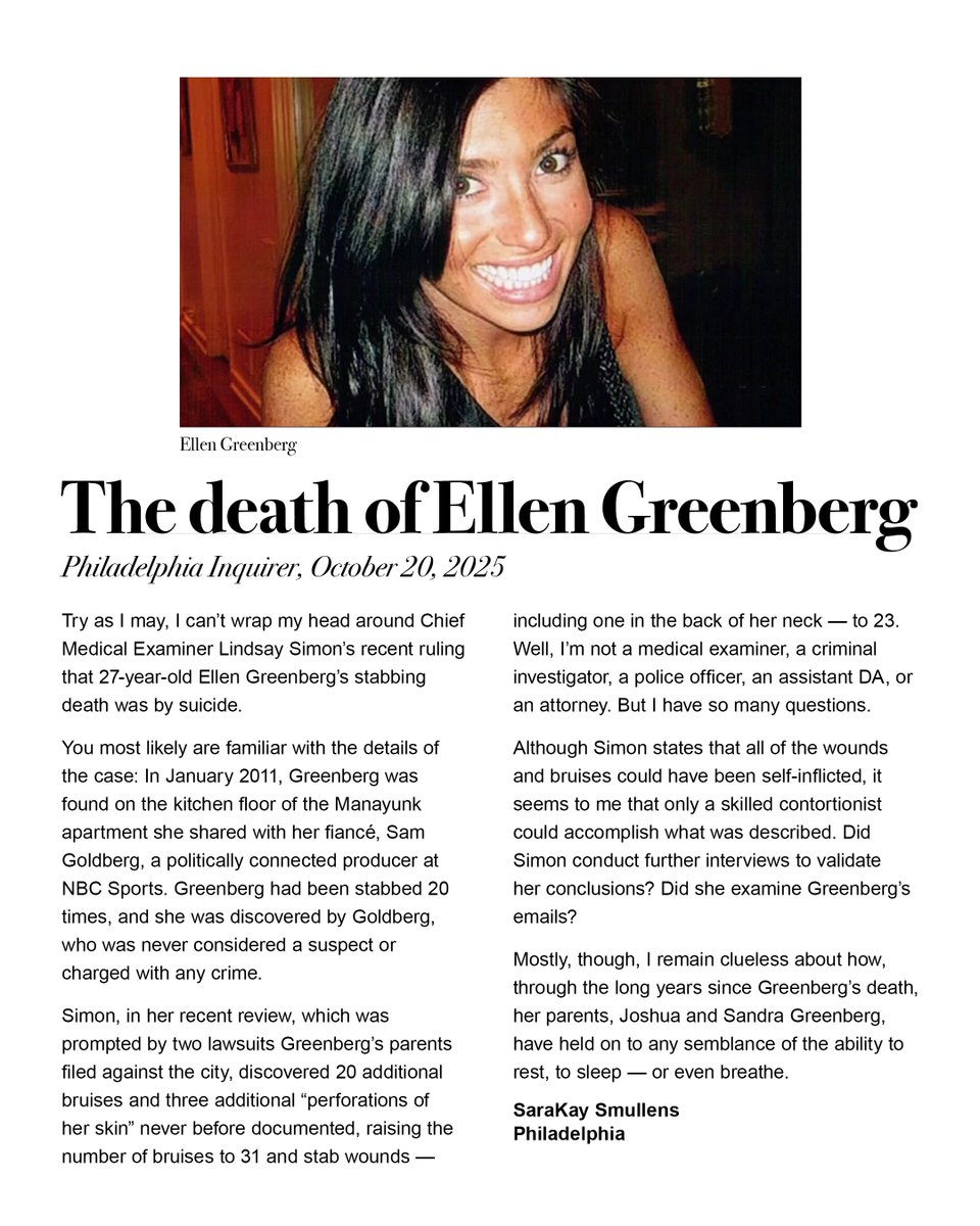 SaraKay1710's tweet photo. I am grateful that The @PhillyInquirer printed this letter. Something is very, very wrong in the decisions relating to this tragic case. Among them, the crime scene was cleaned before a full investigation was possible. https://t.co/GufCl6kCau